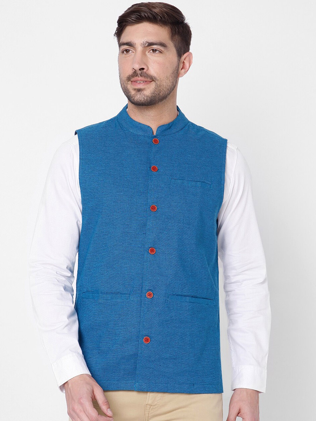 

Salwar Studio Men Blue Textured Pure Cotton Sleeveless Regular Fit Nehru Jackets