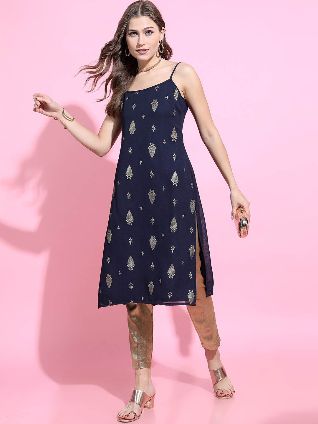 

Vishudh Women Navy Blue & Golden Ethnic Motifs Printed Georgette Kurta