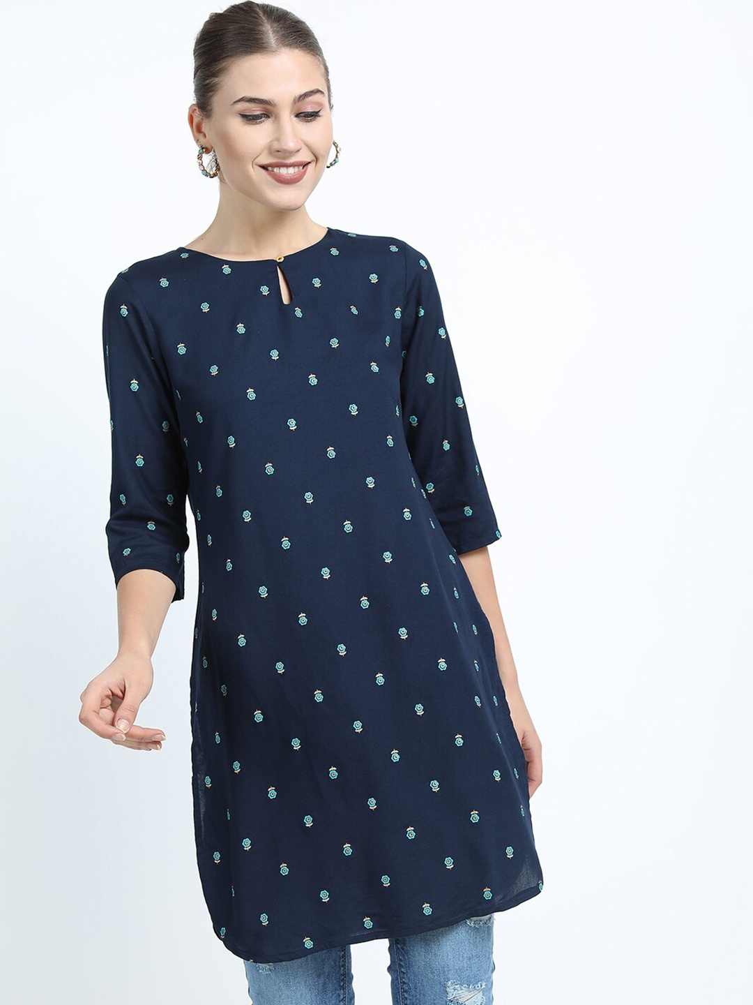 

Vishudh Navy Blue & Cream-Coloured Printed Viscose Rayon Tunic