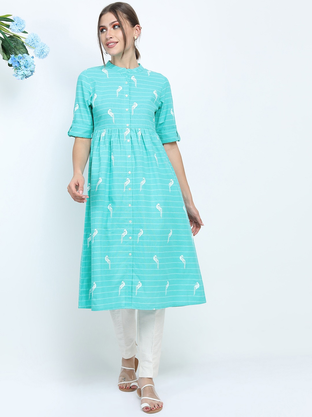 

Vishudh Women Blue Printed Anarkali Kurta, Turquoise blue
