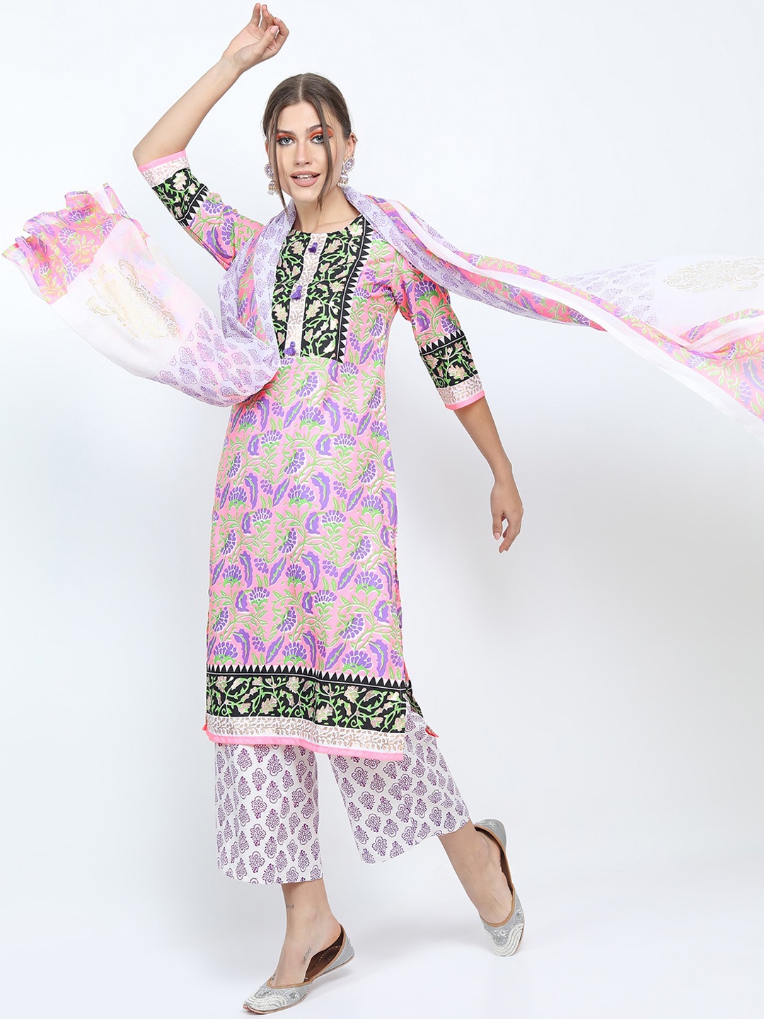

Vishudh Women Pink Floral Straight Kurti with Trousers & Dupatta