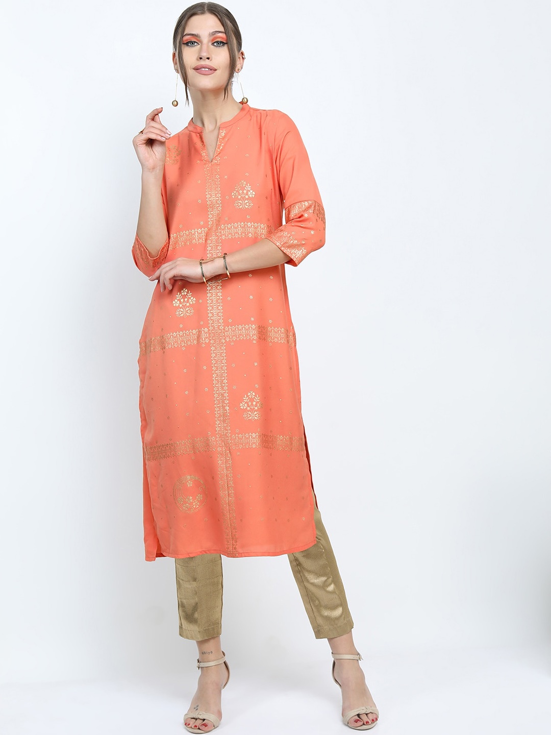 

Vishudh Women Orange Floral Printed Kurta