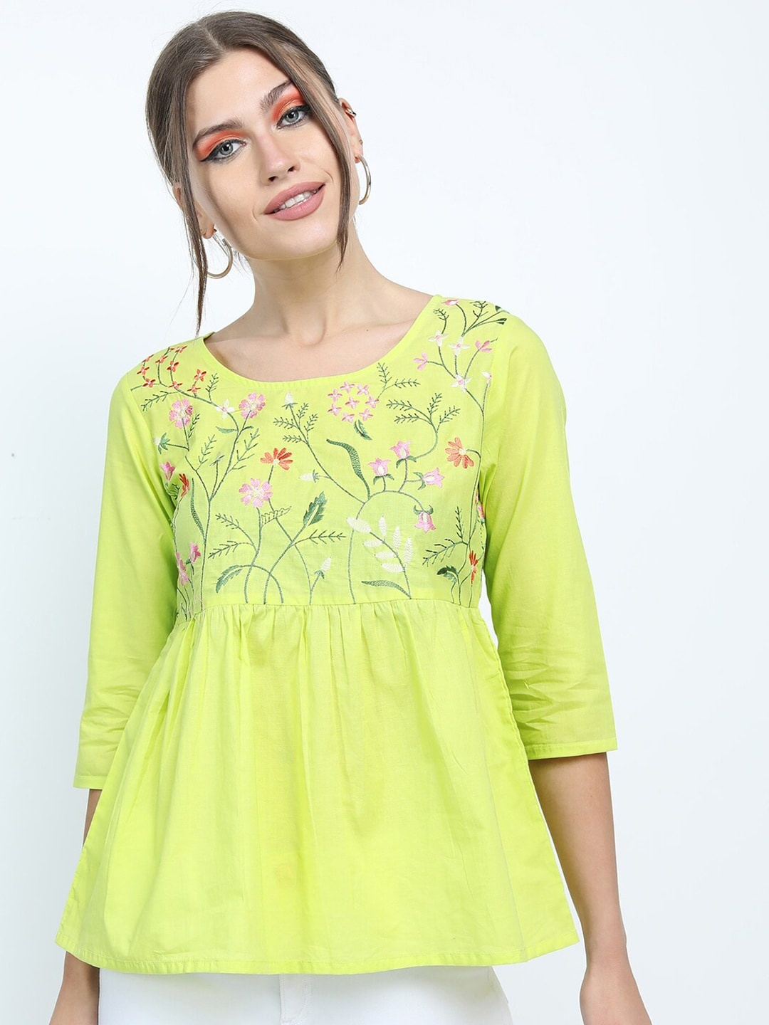 

Vishudh Lime Green Floral Embroidered Pure Cotton Top