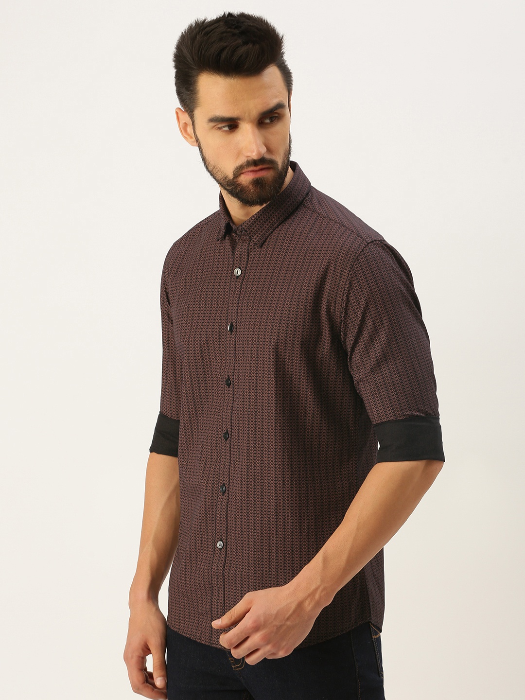 

Flying Machine Men Charcoal Grey & Brown Slim Fit Printed Pure Cotton Casual Shirt