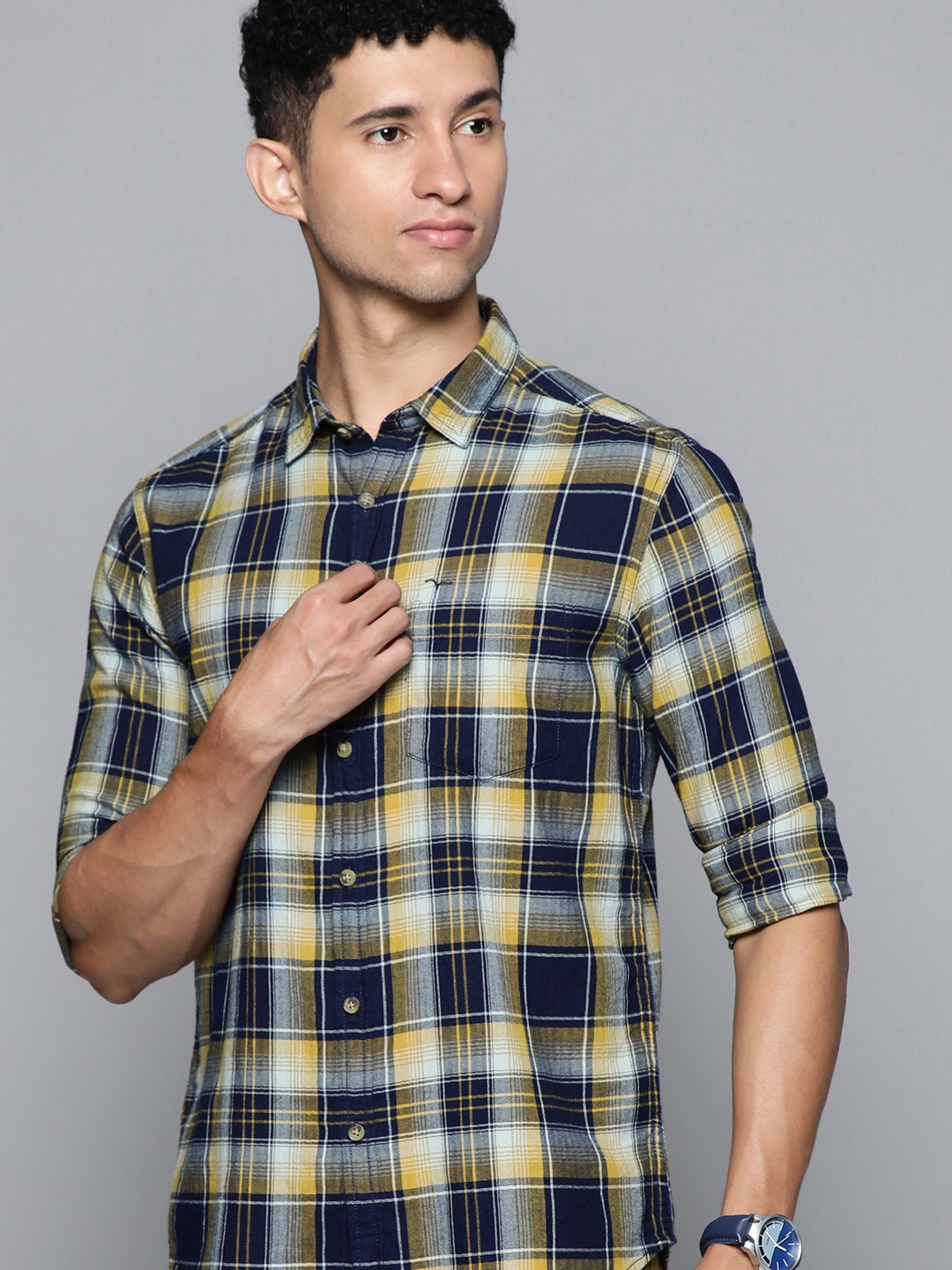 

Flying Machine Men Blue Standard Slim Fit Checked Pure Cotton Casual Shirt