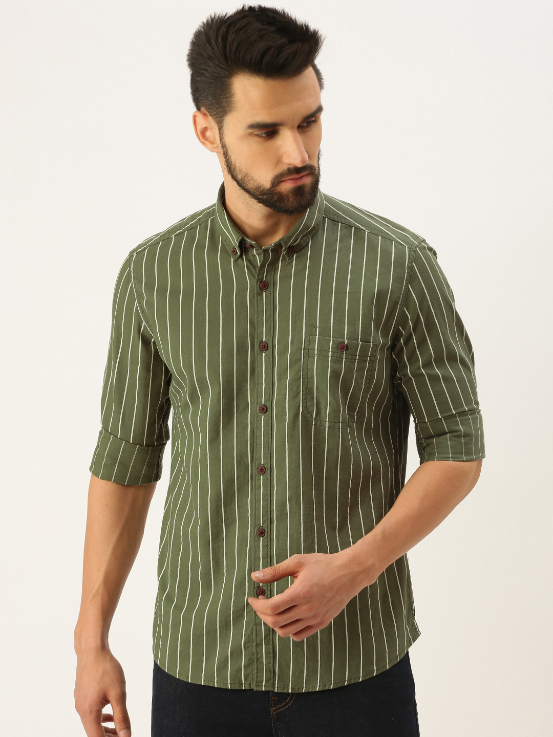 

Flying Machine Men Olive Green Standard Striped Slim Fit Casual Shirt