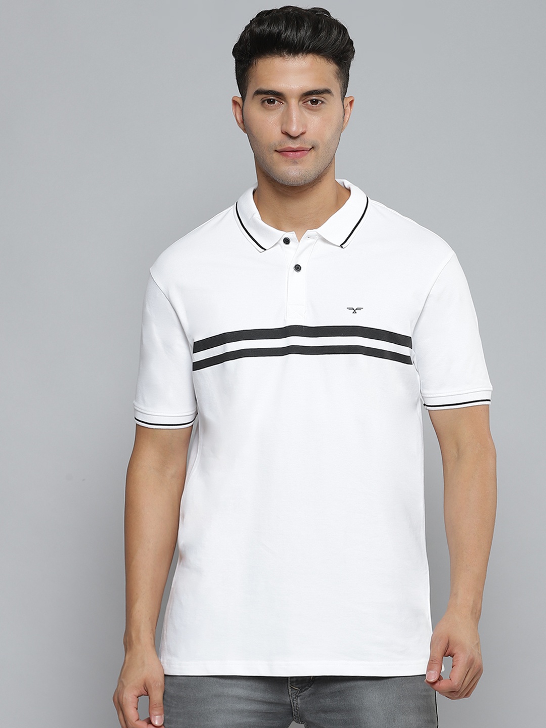 

Flying Machine Men White & Black Striped Polo Collar Slim Fit Pure Cotton T-shirt