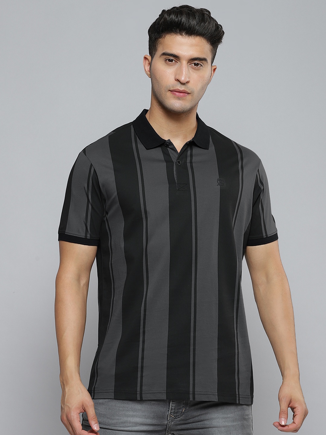 

Flying Machine Men Black & Grey Striped Polo Collar Pure Cotton T-shirt