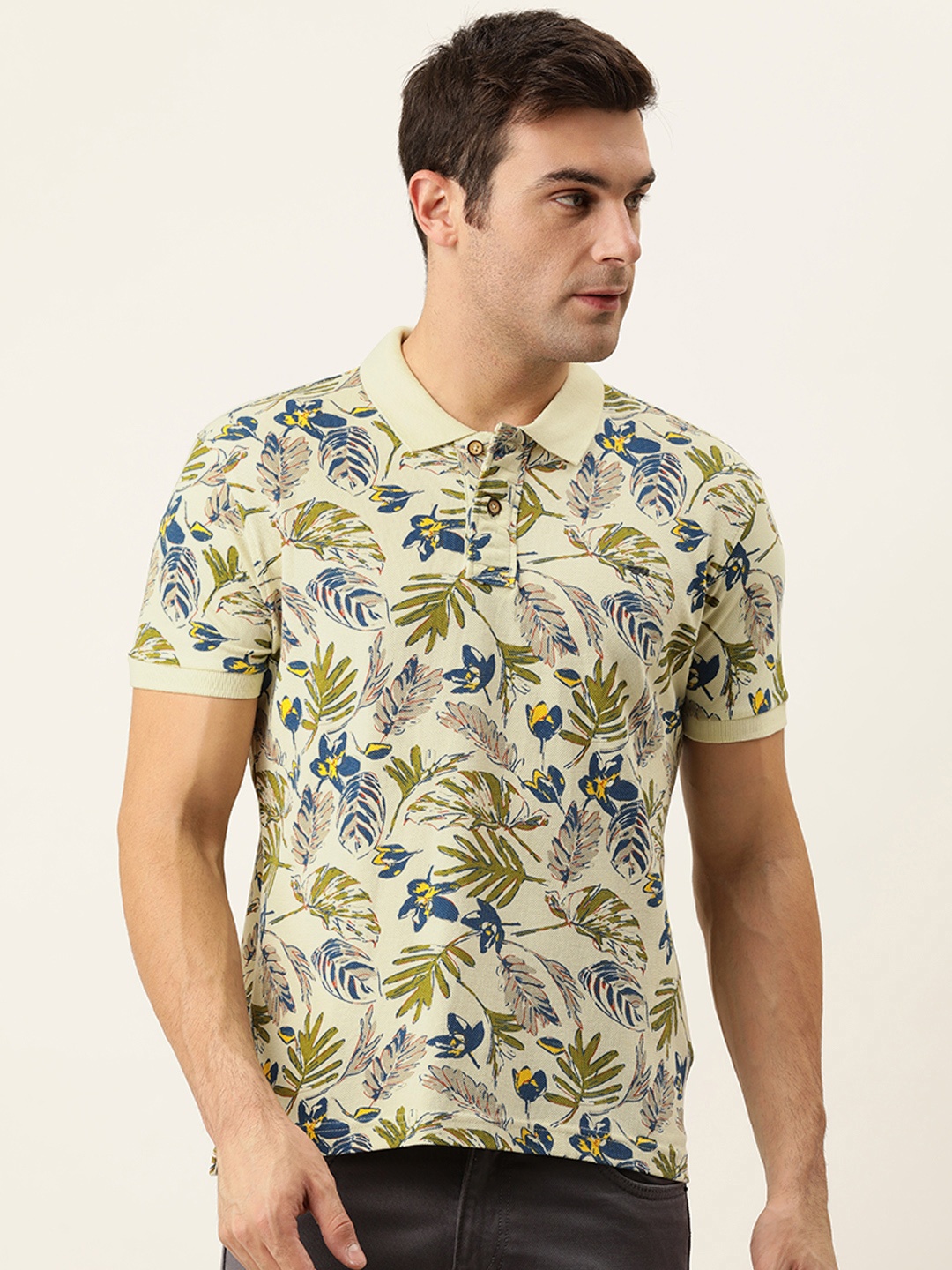 

Flying Machine Men Off White & Green Polo Collar Tropical Print Pure Cotton T-shirt