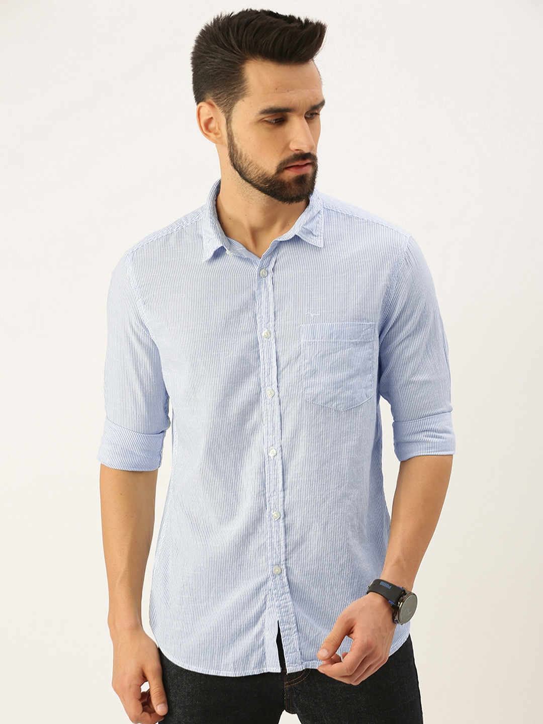 

Flying Machine Men Blue Standard Slim Fit Striped Casual Shirt