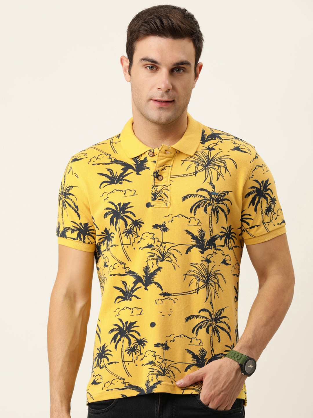 

Flying Machine Men Yellow & Black Printed Polo Collar Tropical Slim Pure Cotton T-shirt