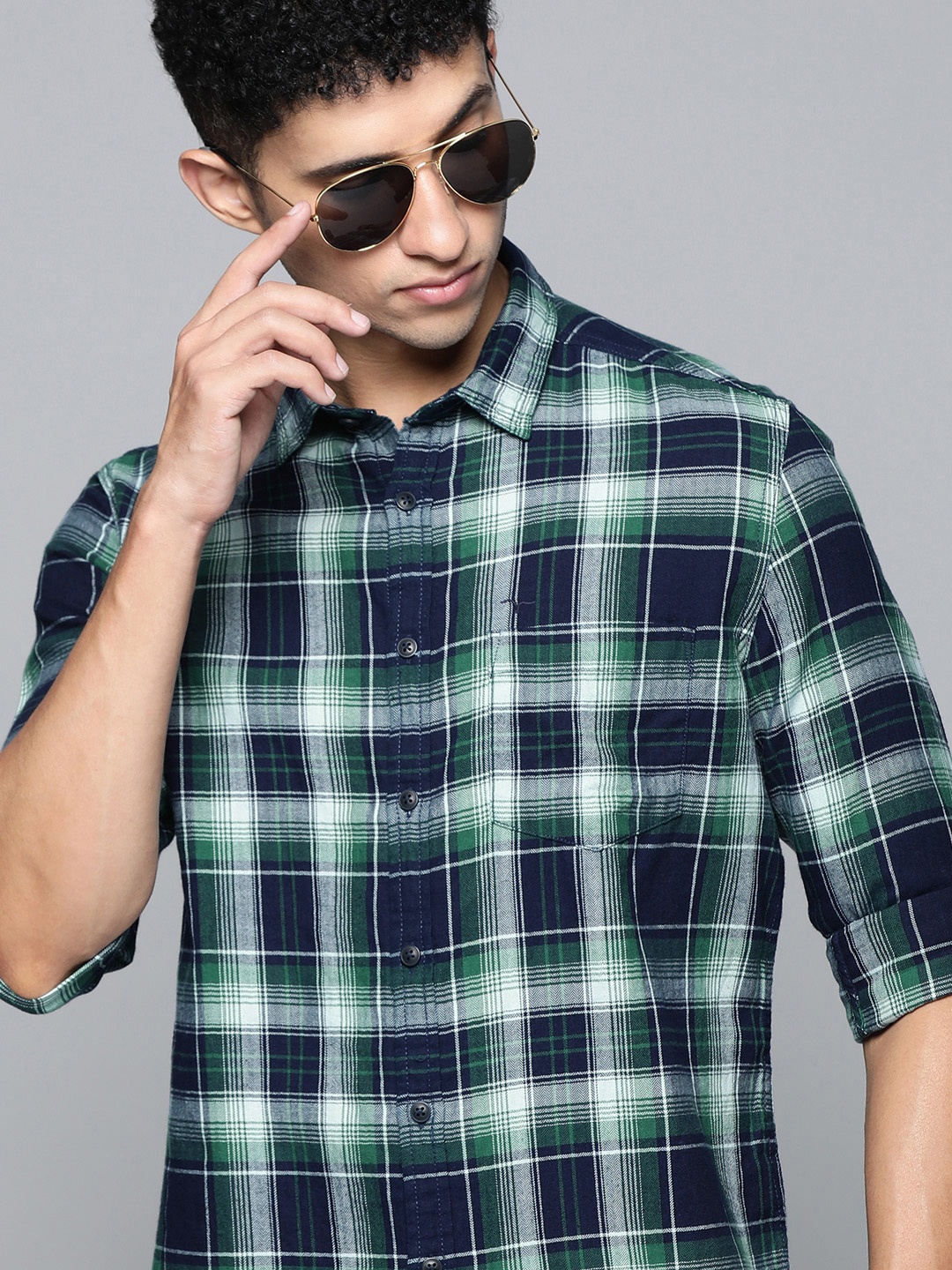 

Flying Machine Men Navy Blue Slim Fit Checked Casual Shirt