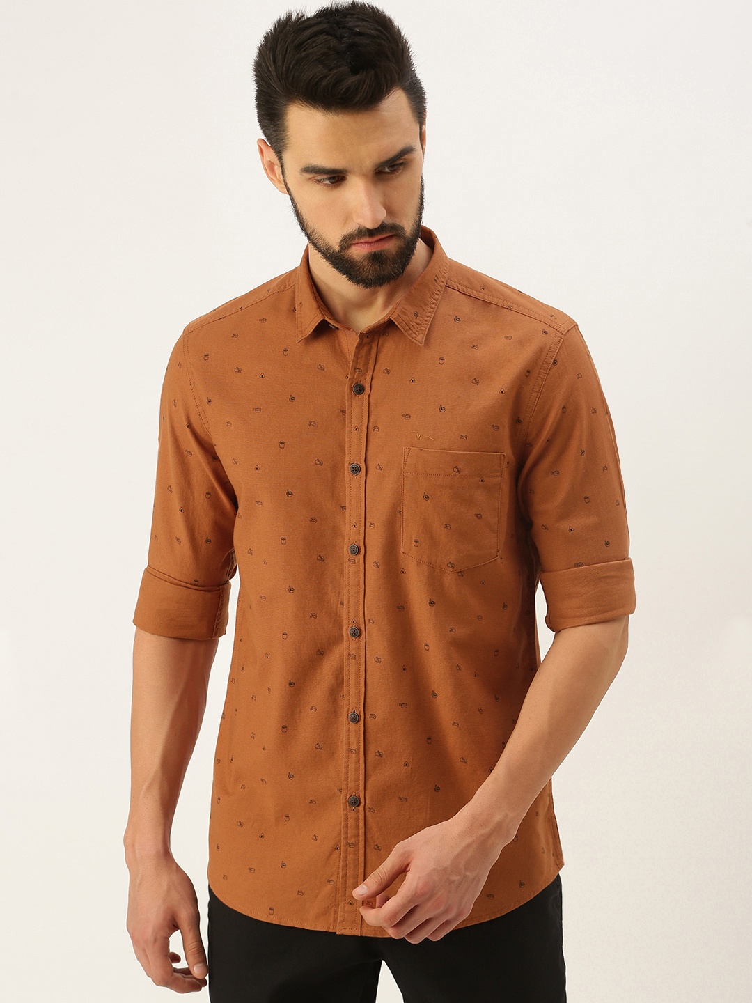 

Flying Machine Men Rust Orange Standard Slim Fit Printed Pure Cotton Casual Shirt
