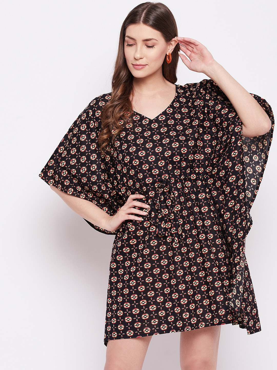 

TULIP 21 Women Black & Beige Abstract Printed Cotton Kaftan Dress