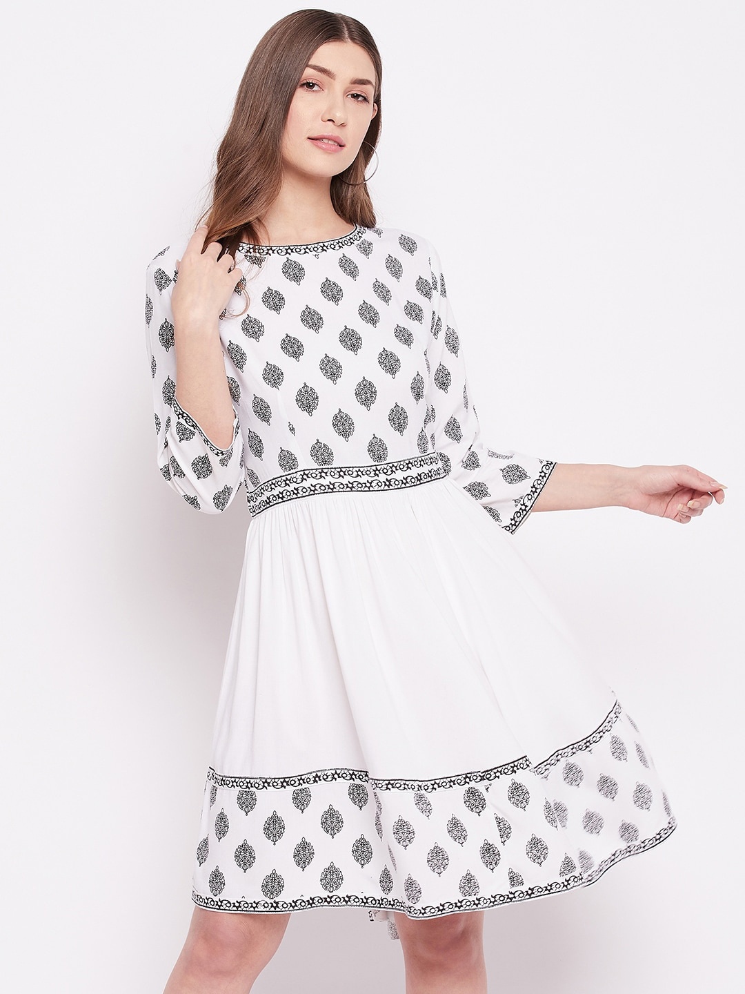 

TULIP 21 Women White & Black Block Print Ethnic Motifs Dress