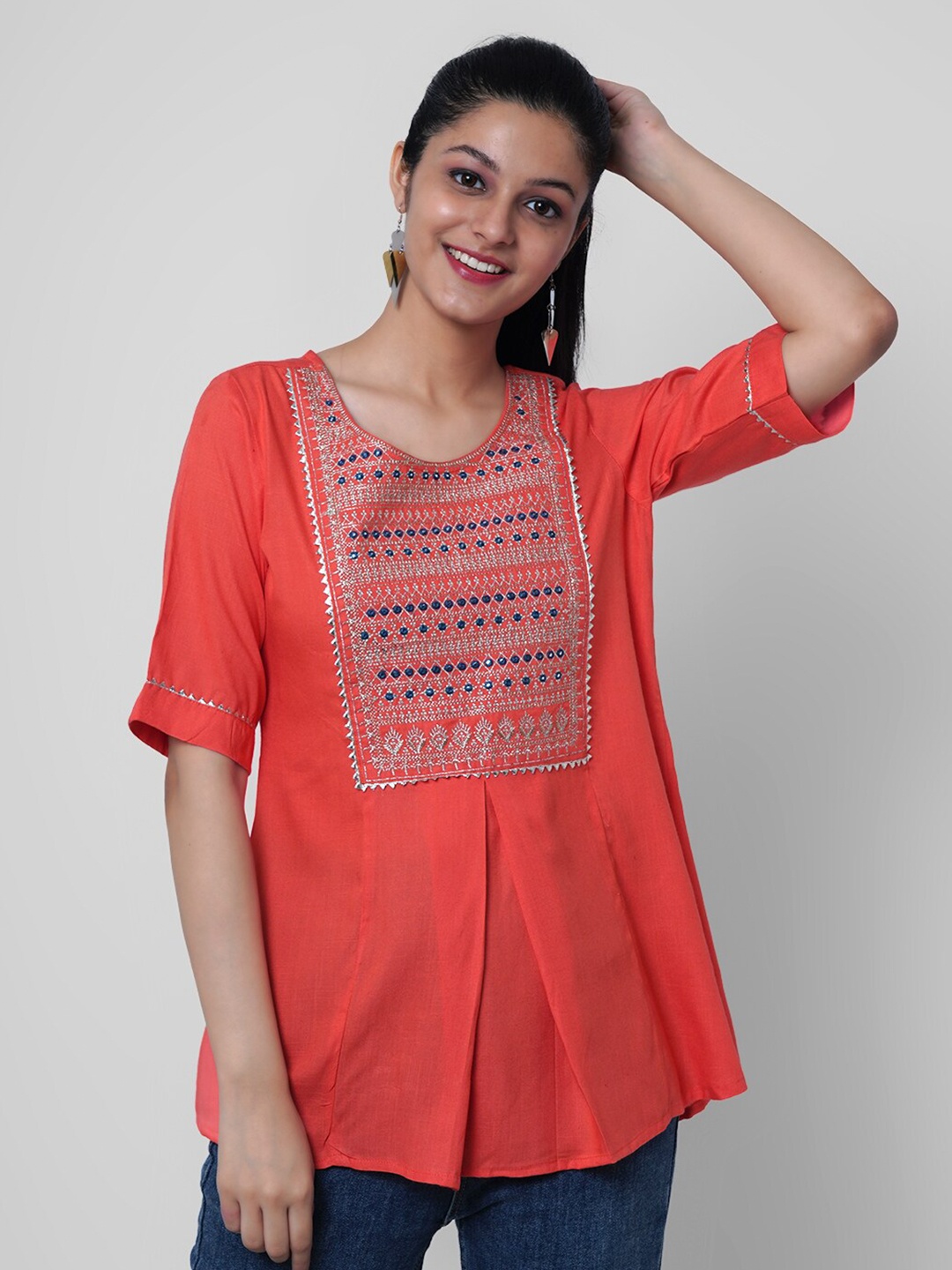 

KALINI Women Coral Embroidered Top