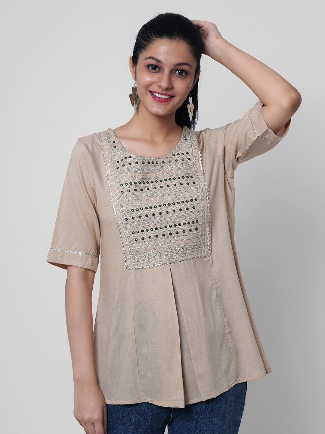 

KALINI Women Beige Embellished & Embroidered Top