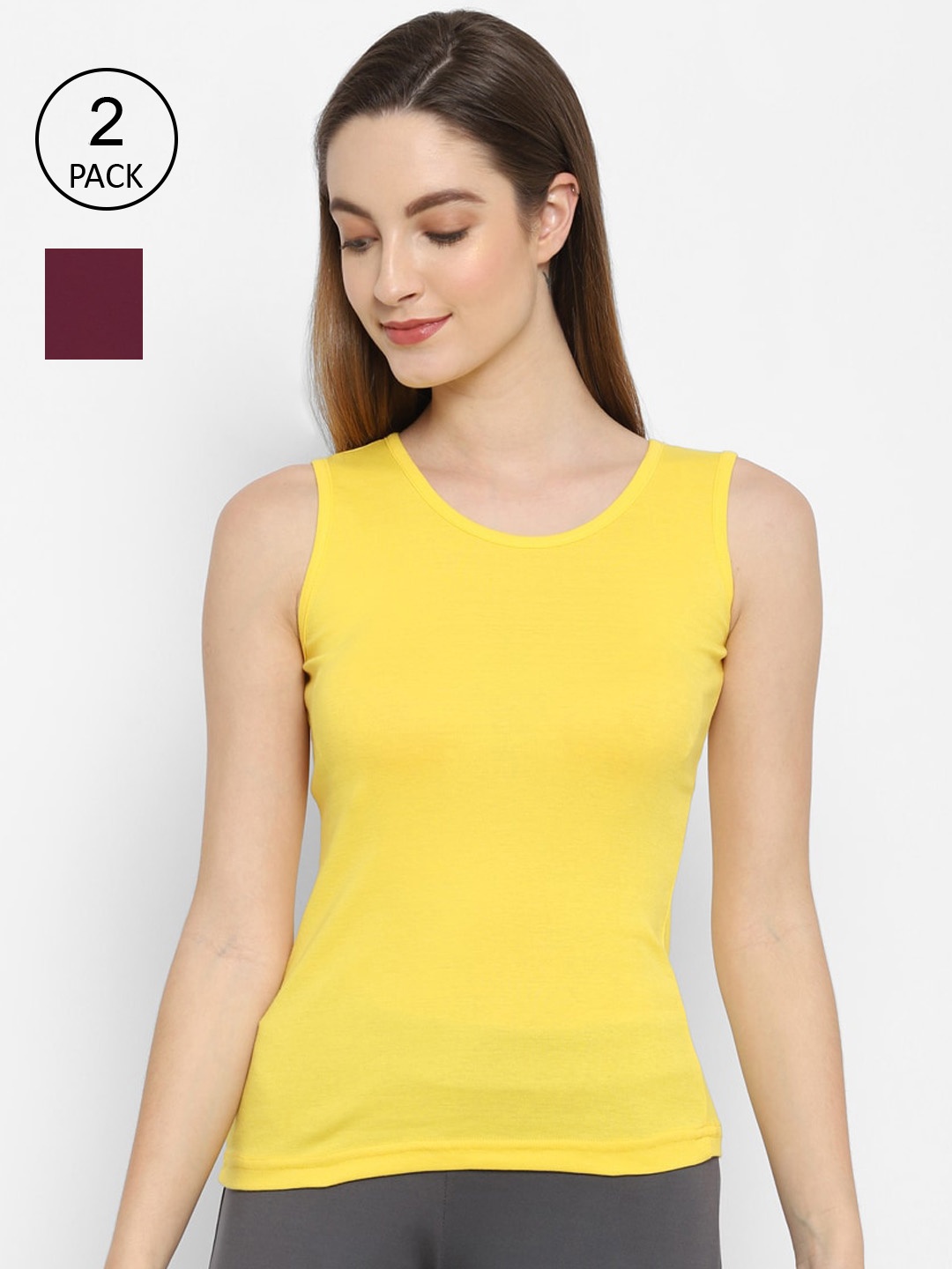 

Floret Women Burgundy & Yellow Pack of 2 Solid Cotton Non-Padded Camisoles