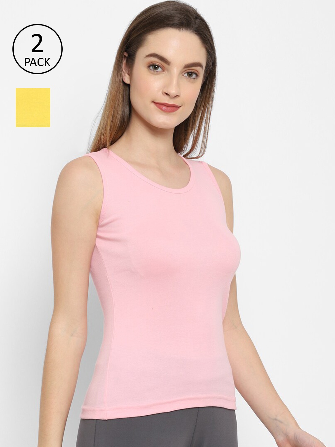 

Floret Women Pink & Yellow Solid Cotton Camisoles Pack of 2