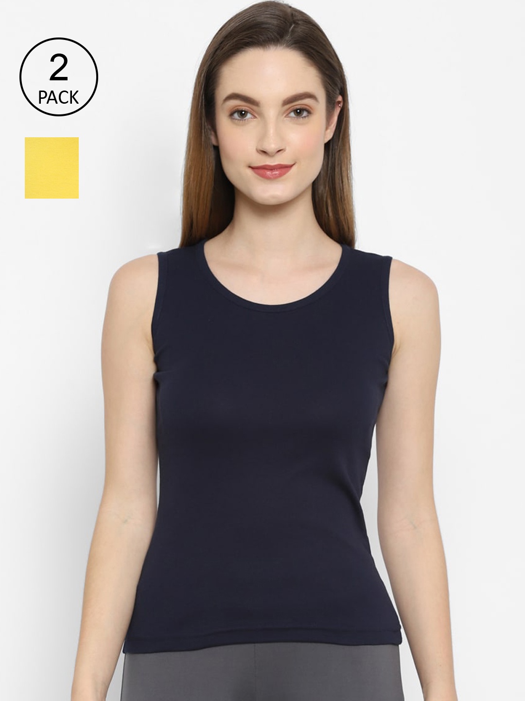 

Floret Women Navy Blue & Yellow Solid Cotton Camisoles Pack Of 2