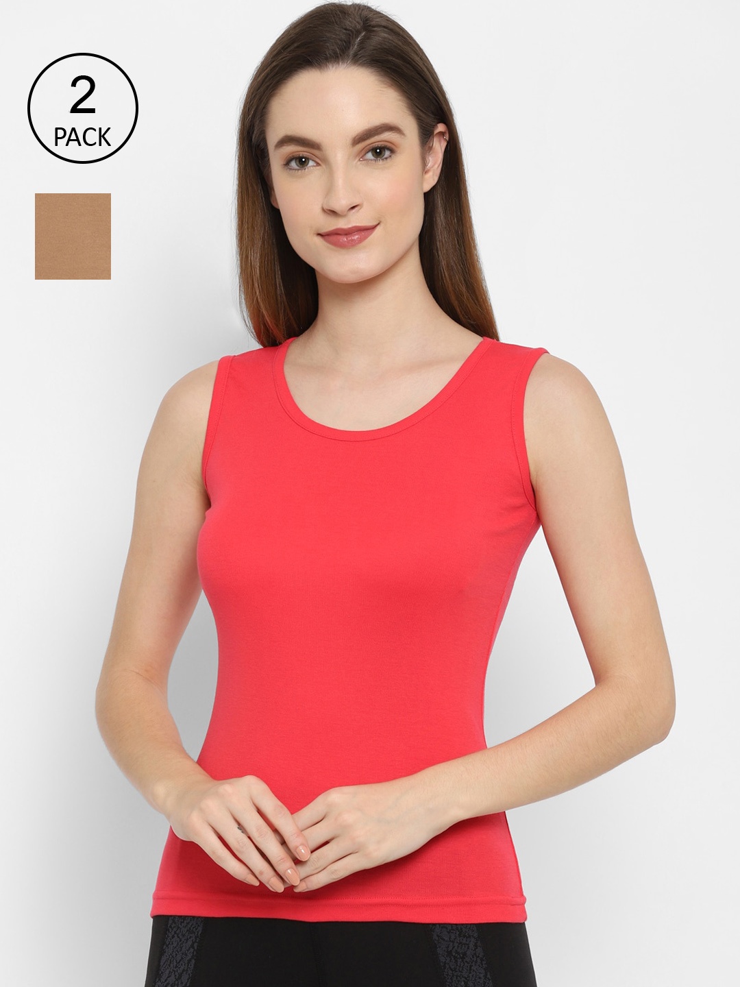 

Floret Women Pack Of 2 Red & Nude-Coloured Solid Cotton Camisoles