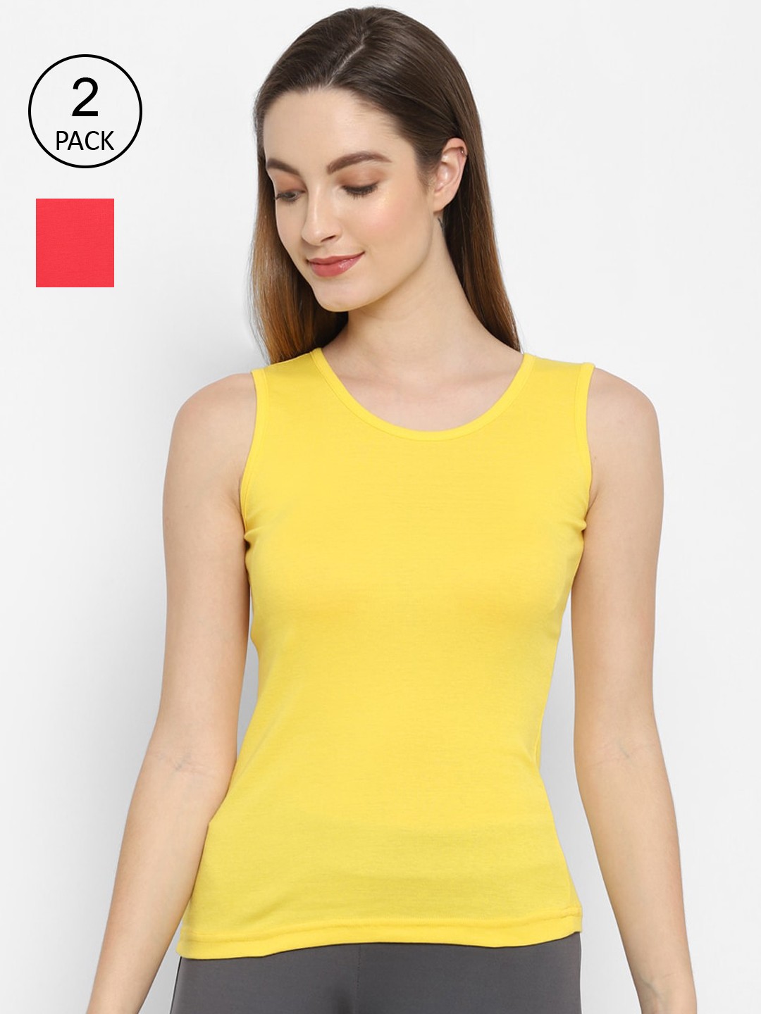 

Floret Women Pack of 2 Yellow & Red Solid Cotton Camisoles