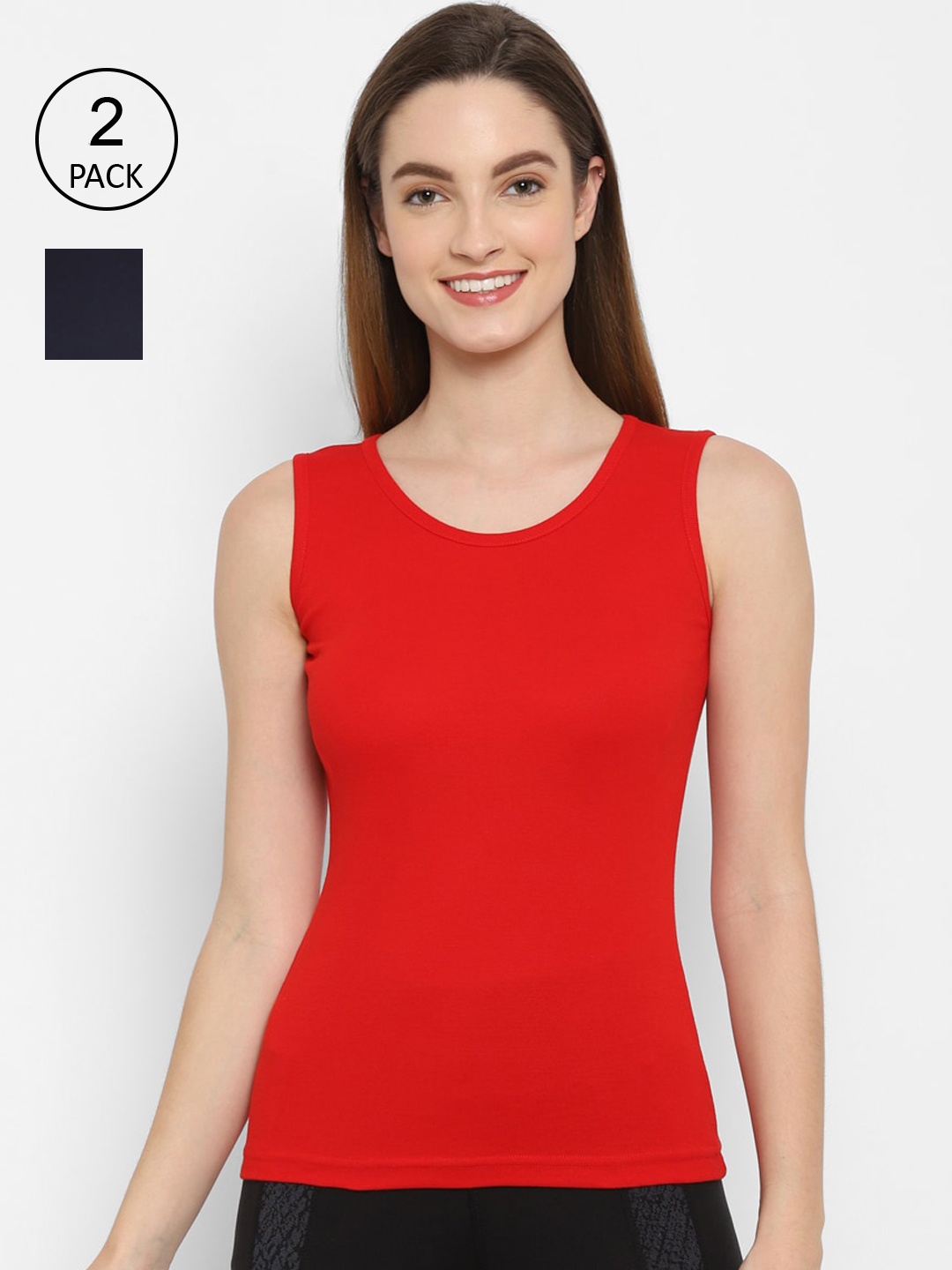 

Floret Women Pack Of 2 Navy Blue & Red Solid Cotton Camisoles