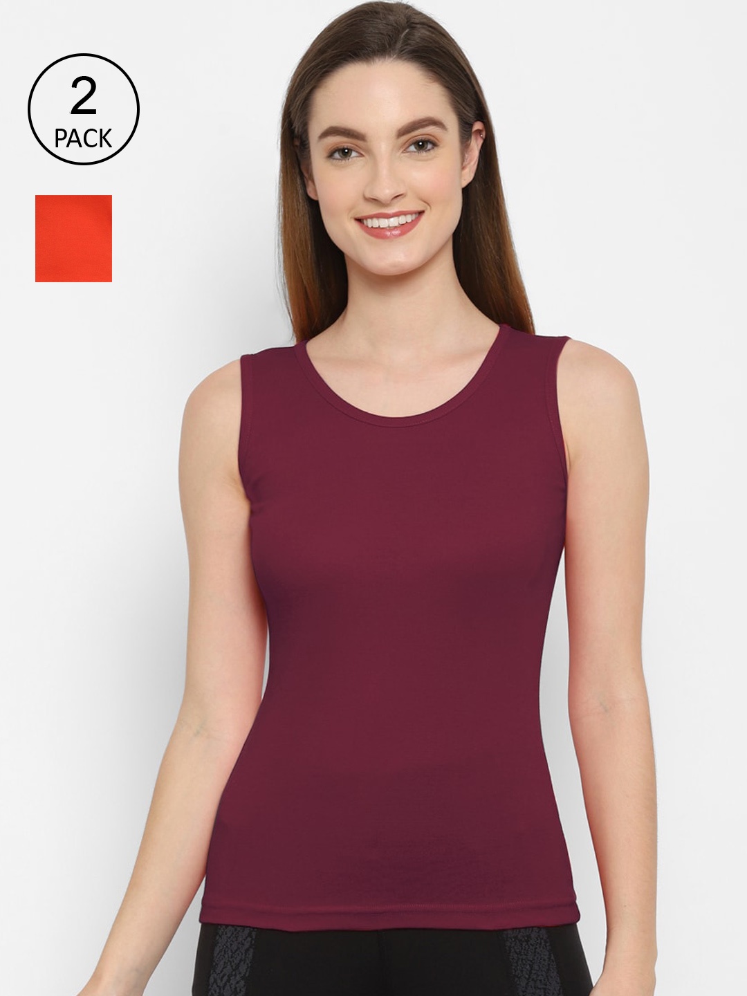 

Floret Women Pack Of 2 Orange & Burgundy Solid Cotton Camisoles