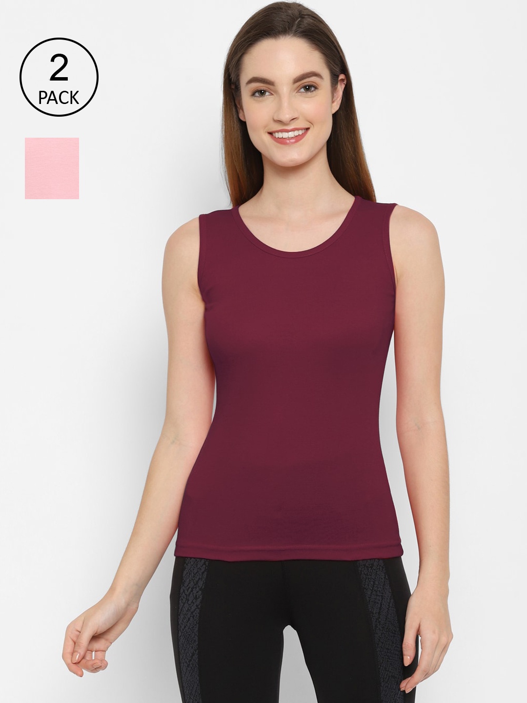 

Floret Women Pink & Burgundy Pack of 2 Solid Cotton Non-Padded Camisoles