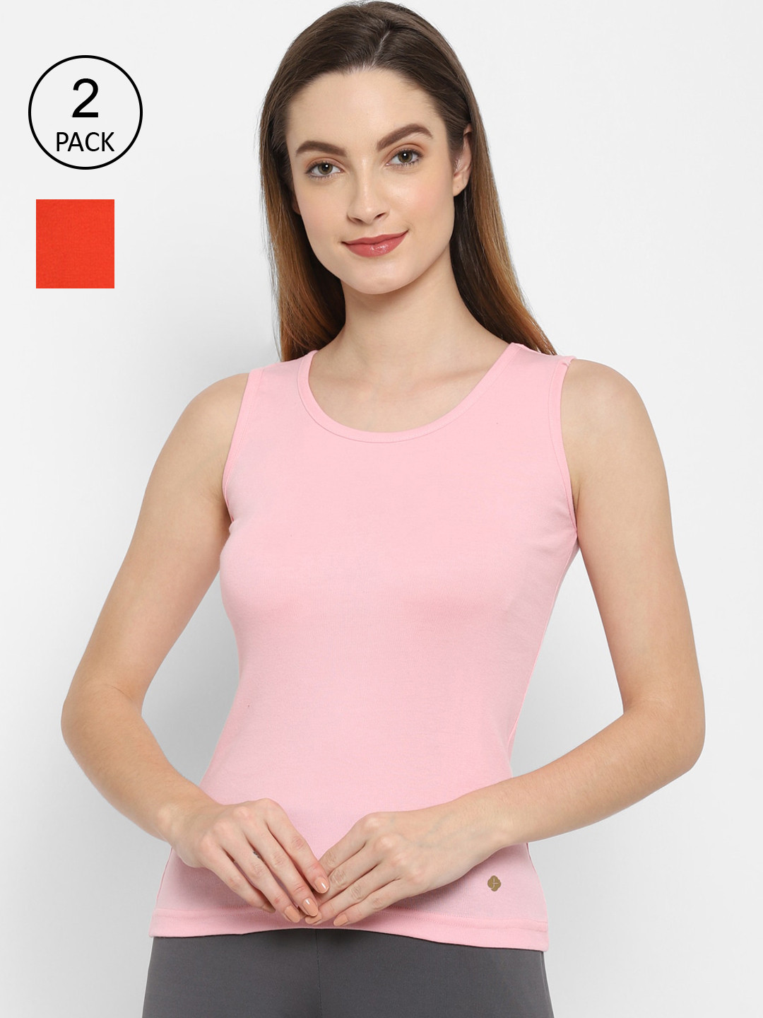 

Floret Women Pack Of 2 Pink & Orange Solid Cotton Camisoles