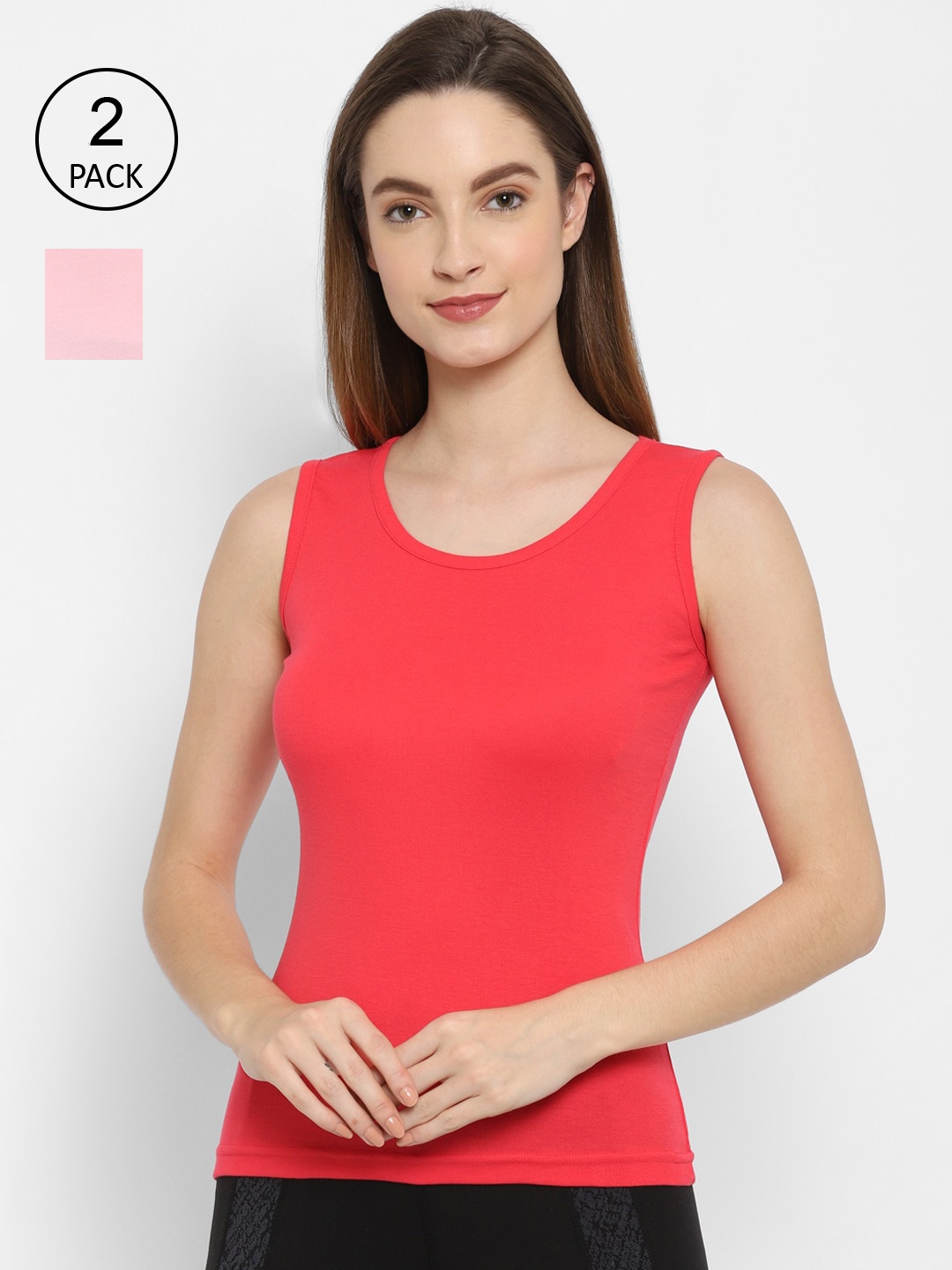 

Floret Women Pack of 2 Red & Pink Solid Cotton Camisoles