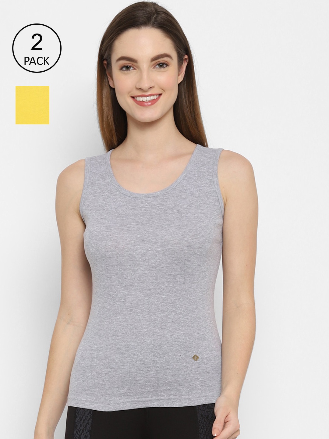 

Floret Women Grey & Yellow Pack of 2 Solid Cotton Non-Padded Camisoles