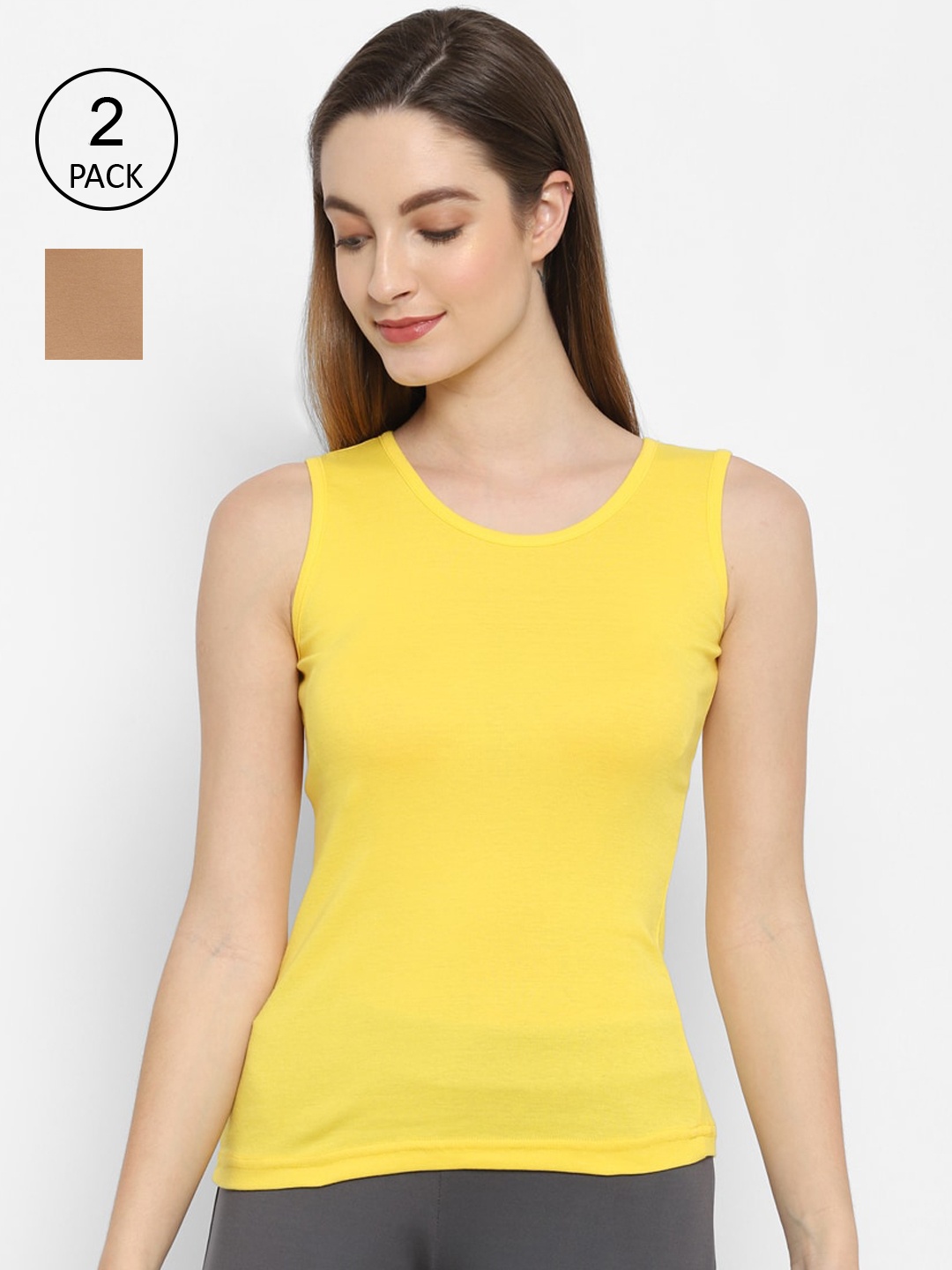 

Floret Women Brown & Yellow Pack of 2 Solid Cotton Non-Padded Camisoles