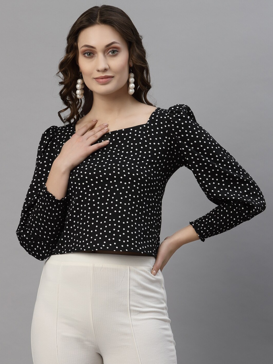 

Style Quotient Black & White Print Crepe Crop Top