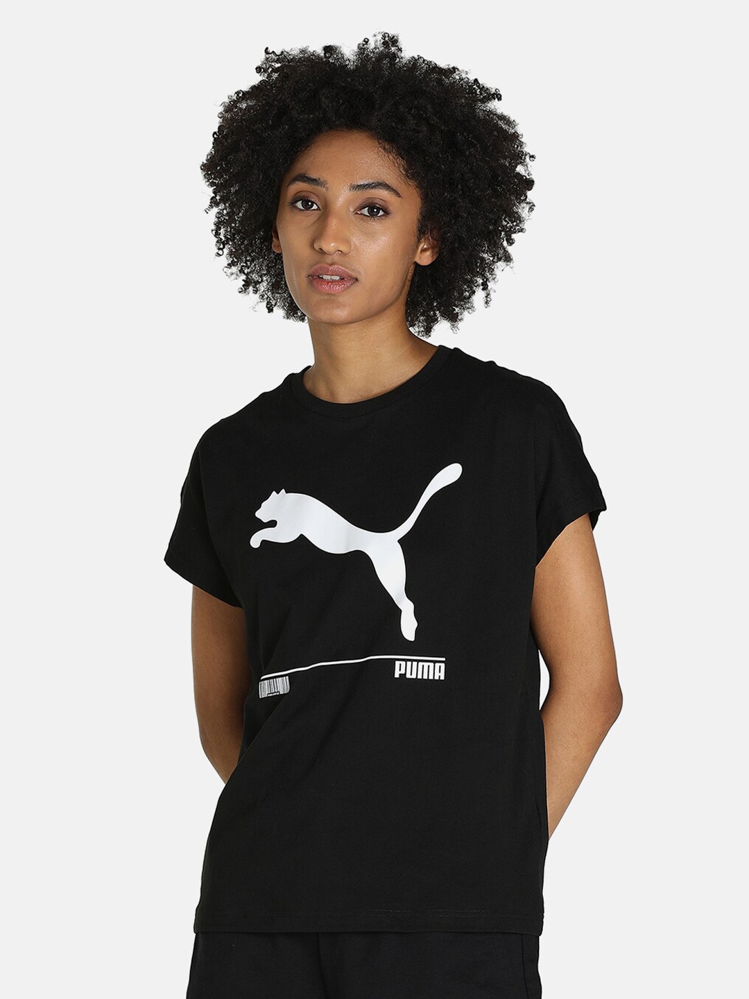 

Puma Women Black Brand Logo Printed T-shirt