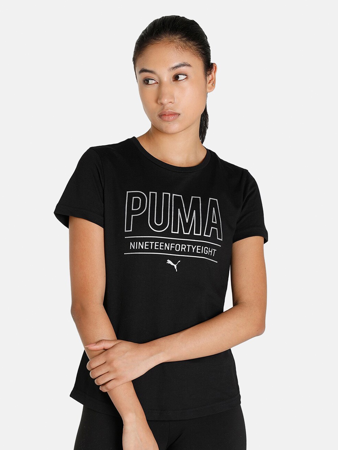 

Puma Women Black Brand Logo Printed Regular Fit Outdoor T-shirt