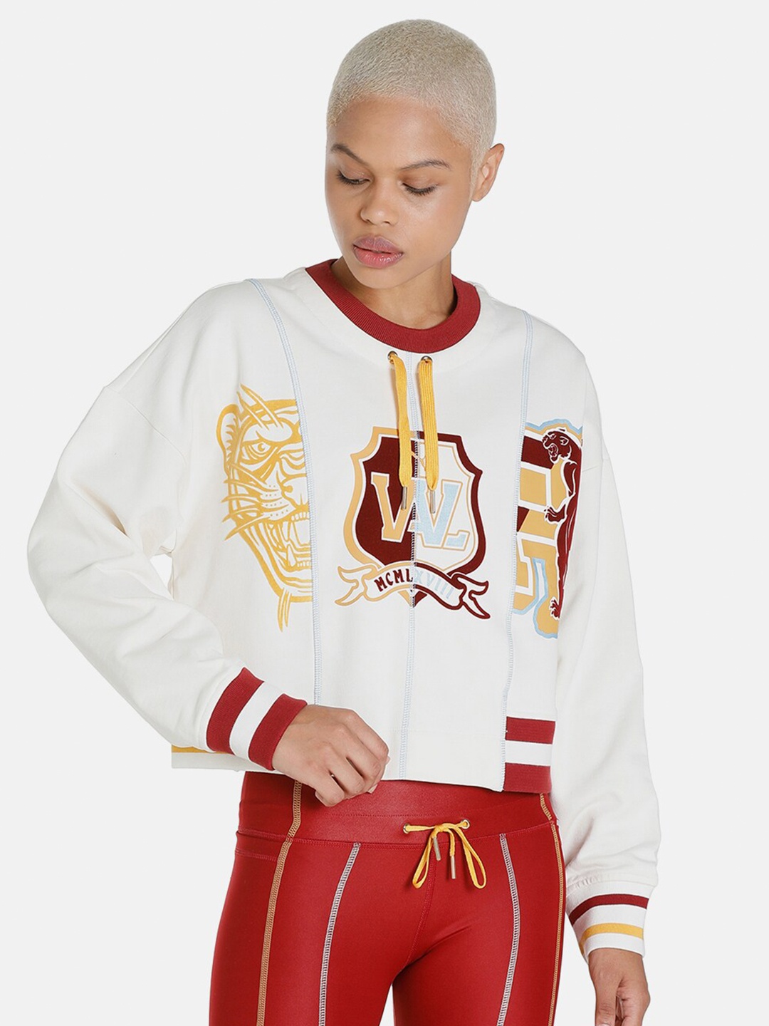 

Puma Women White Printed Cotton Tye Crew Sweat