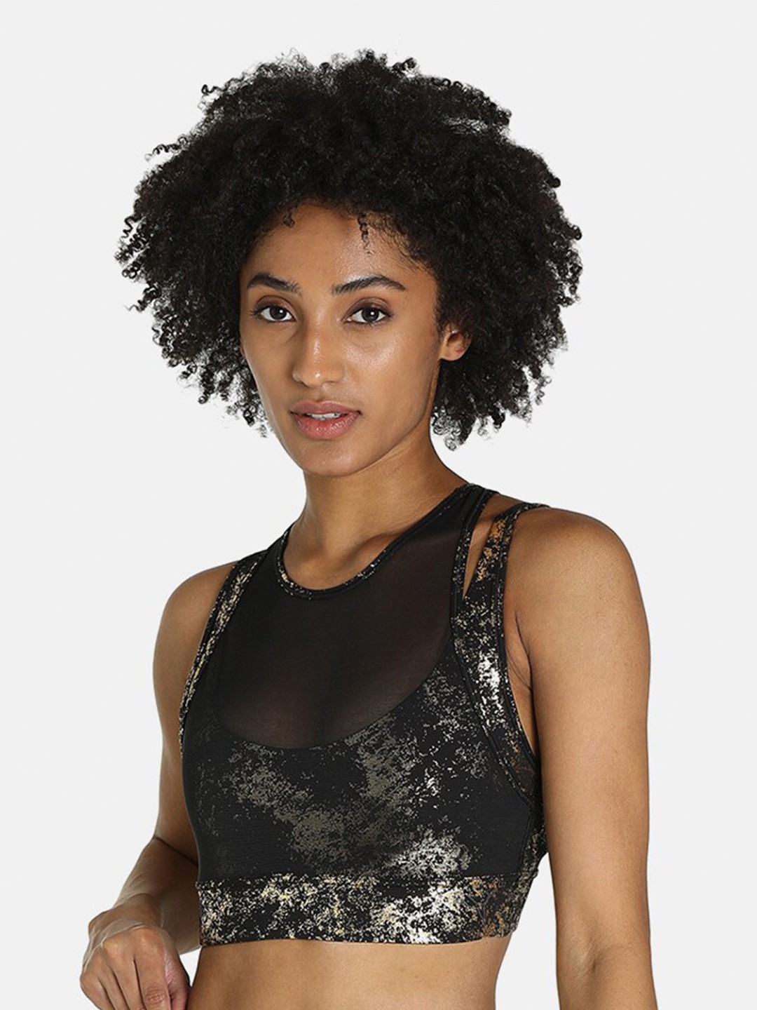 

Puma Black & Silver-Toned Printed Training Bra Heavily Padded