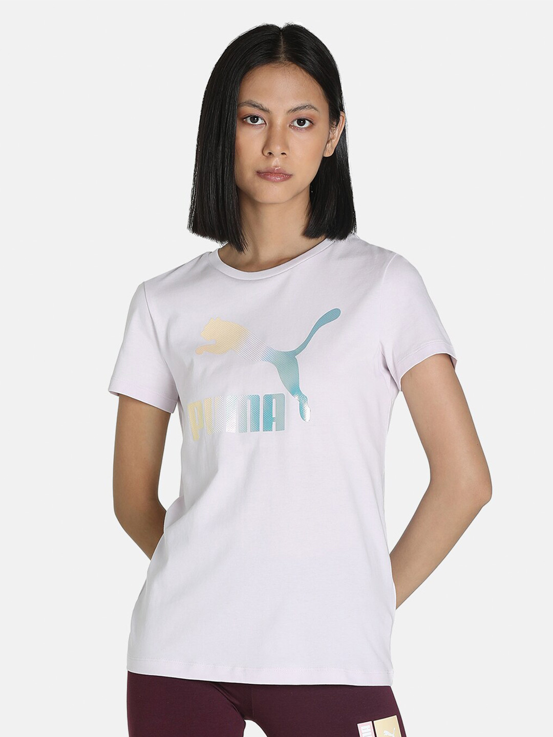 

Puma Women Purple & Blue Brand Logo Printed T-shirt