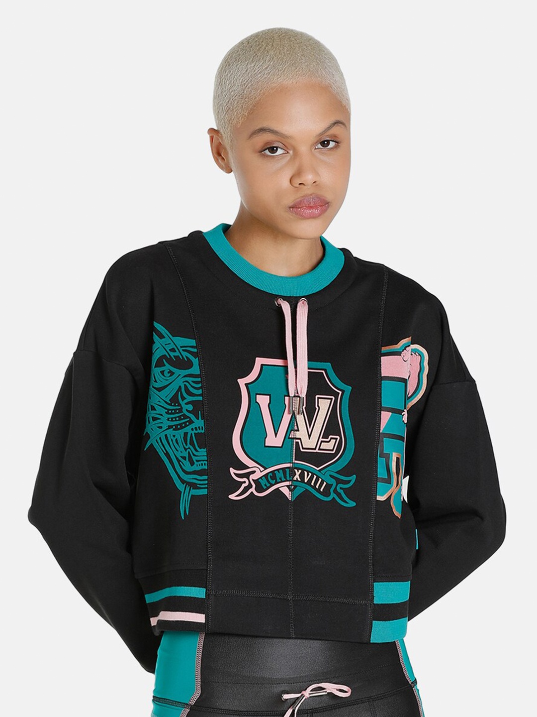 

Puma Women Black Printed Cotton Tye Crew Sweat