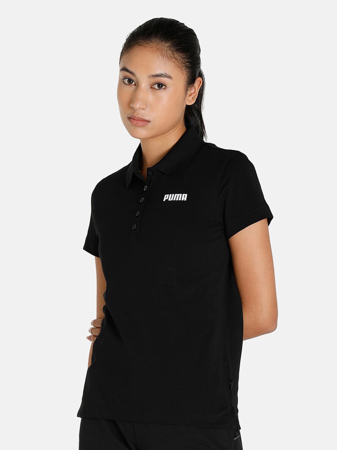 

Puma Women Black Polo Collar T-shirt