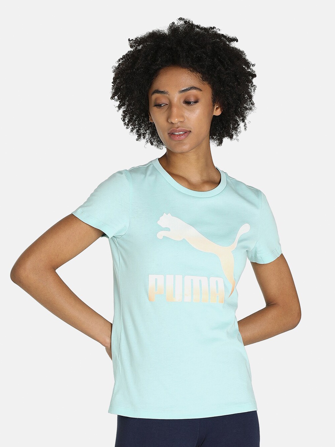 

Puma Women Blue & Yellow Brand Logo Printed T-shirt