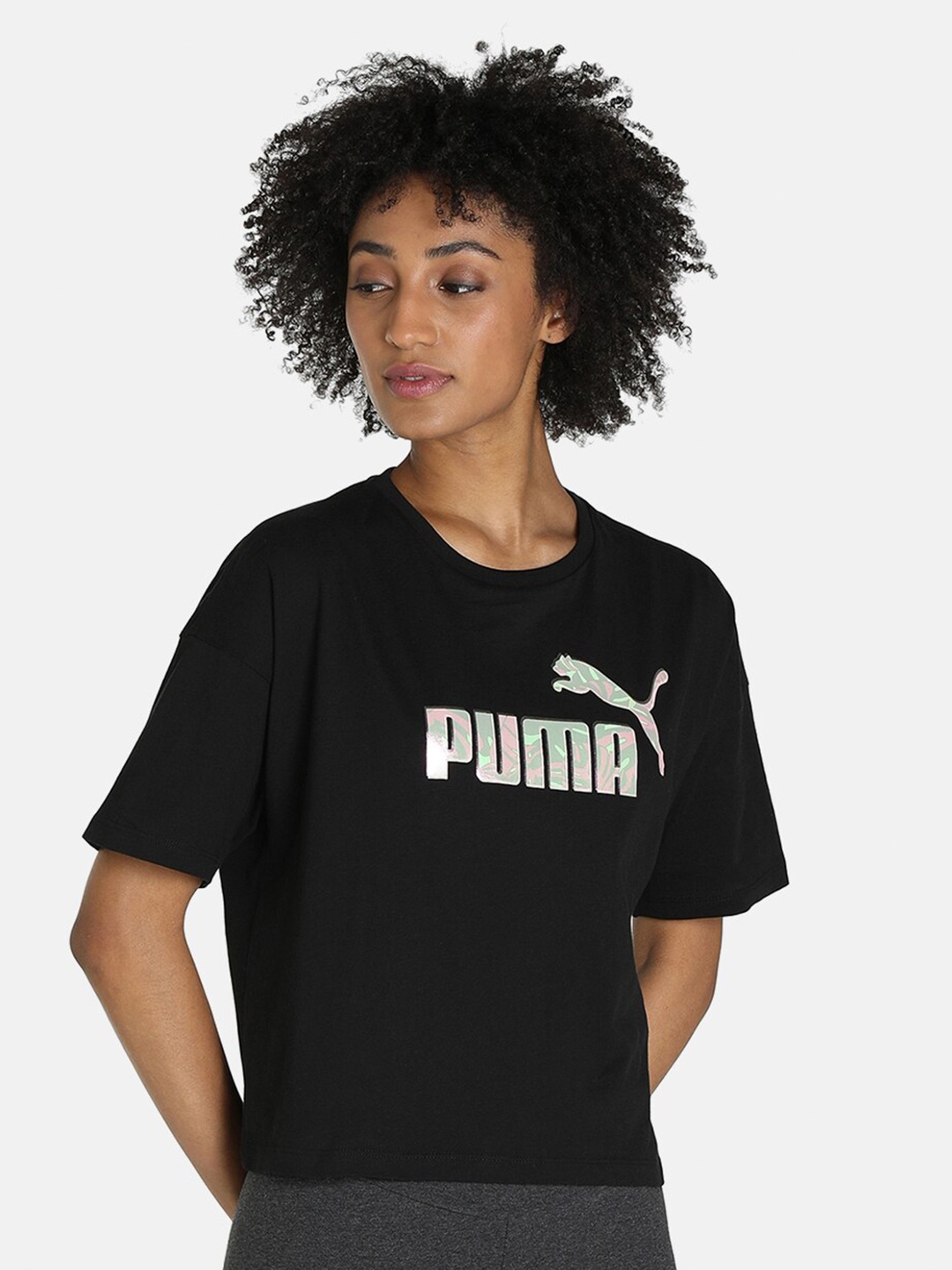 

Puma Black Brand Logo Printed FLORAL VIBES Cropped T-Shirt