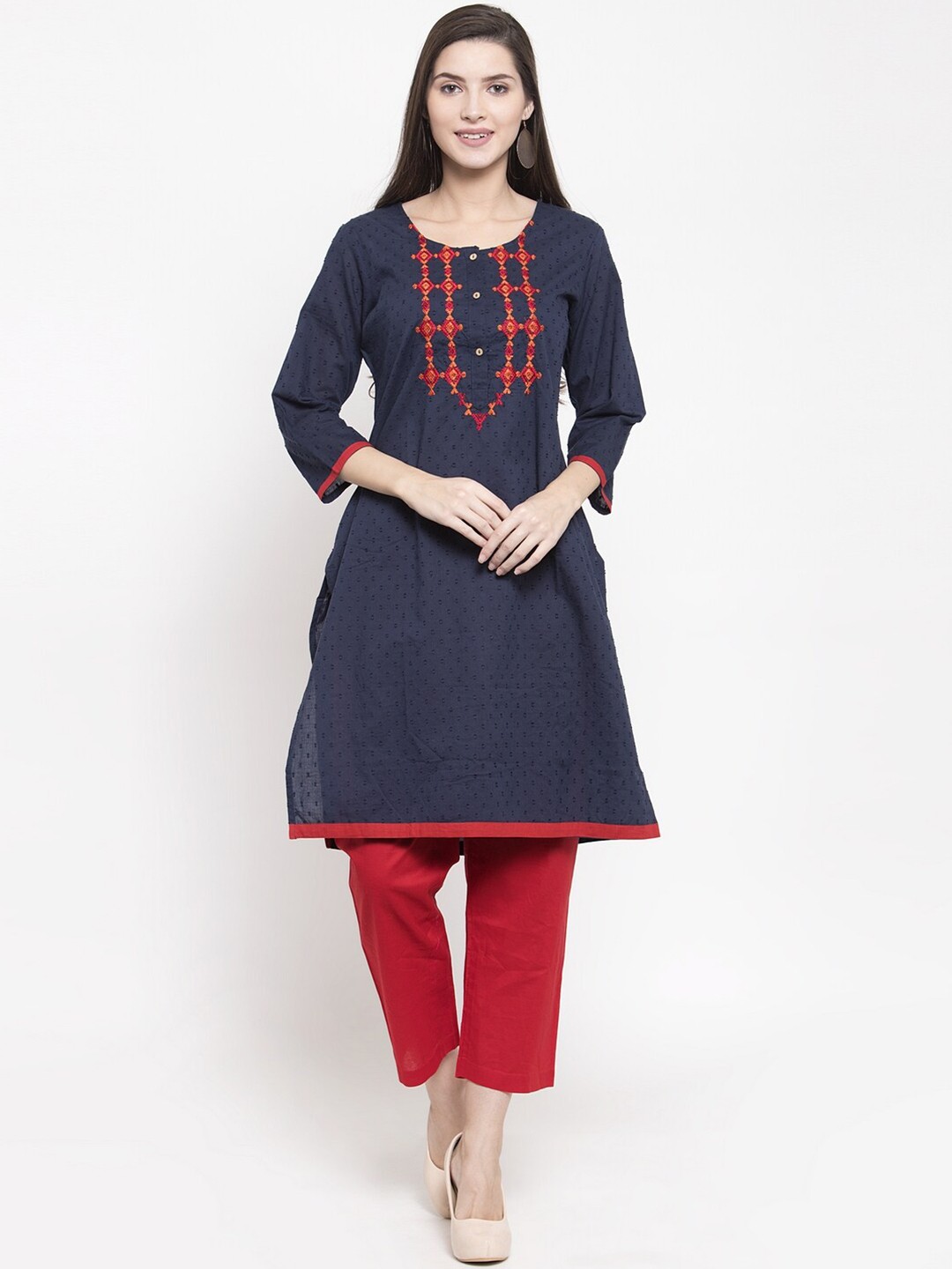 

Purple State Women Blue & Red Embroidered Thread Work Cotton Kurta