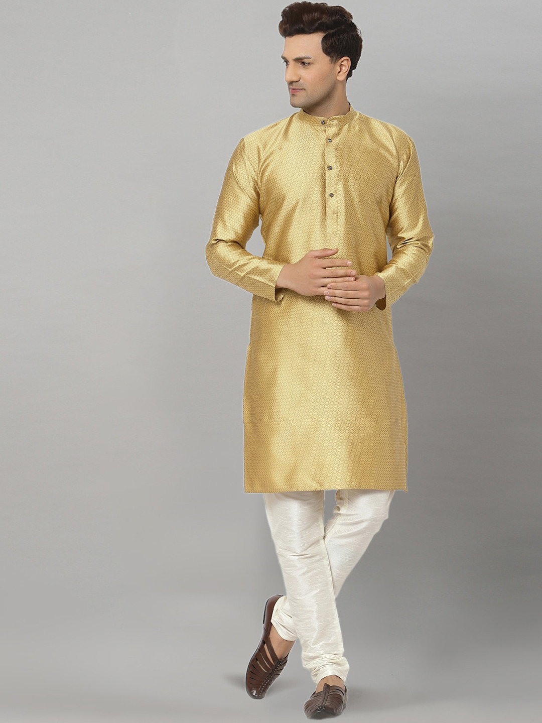 

NEUDIS Men Beige Dupion Silk Self-Designed Straight Kurta & Churidar Set