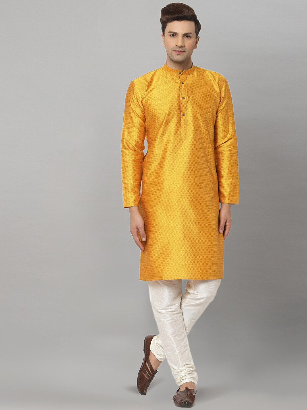 

NEUDIS Men Yellow Dupion Silk Self-Designed Straight Kurta & Churidaar Set