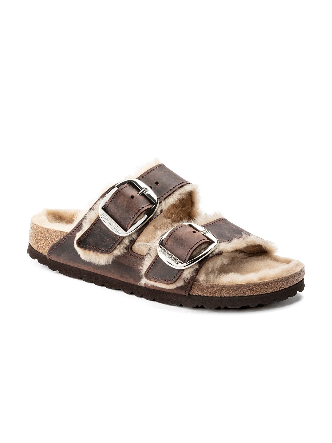 

Birkenstock Women Brown Arizona Big Buckle Shearling Narrow Width Open Toe Flats