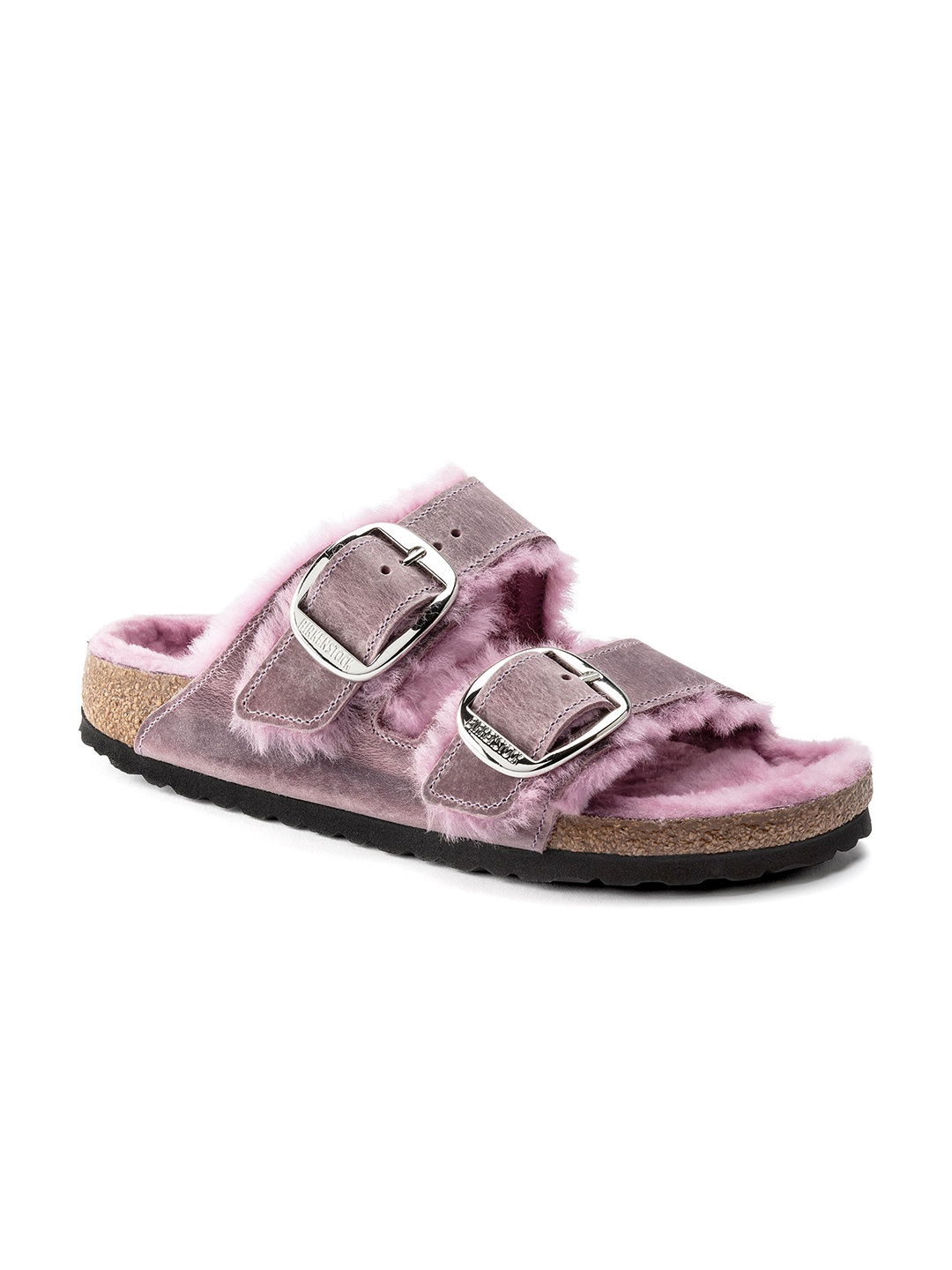 

Birkenstock Arizona Buckle Shearling Lavender Narrow Width Oiled Leather Two-Strap Sandals, Purple