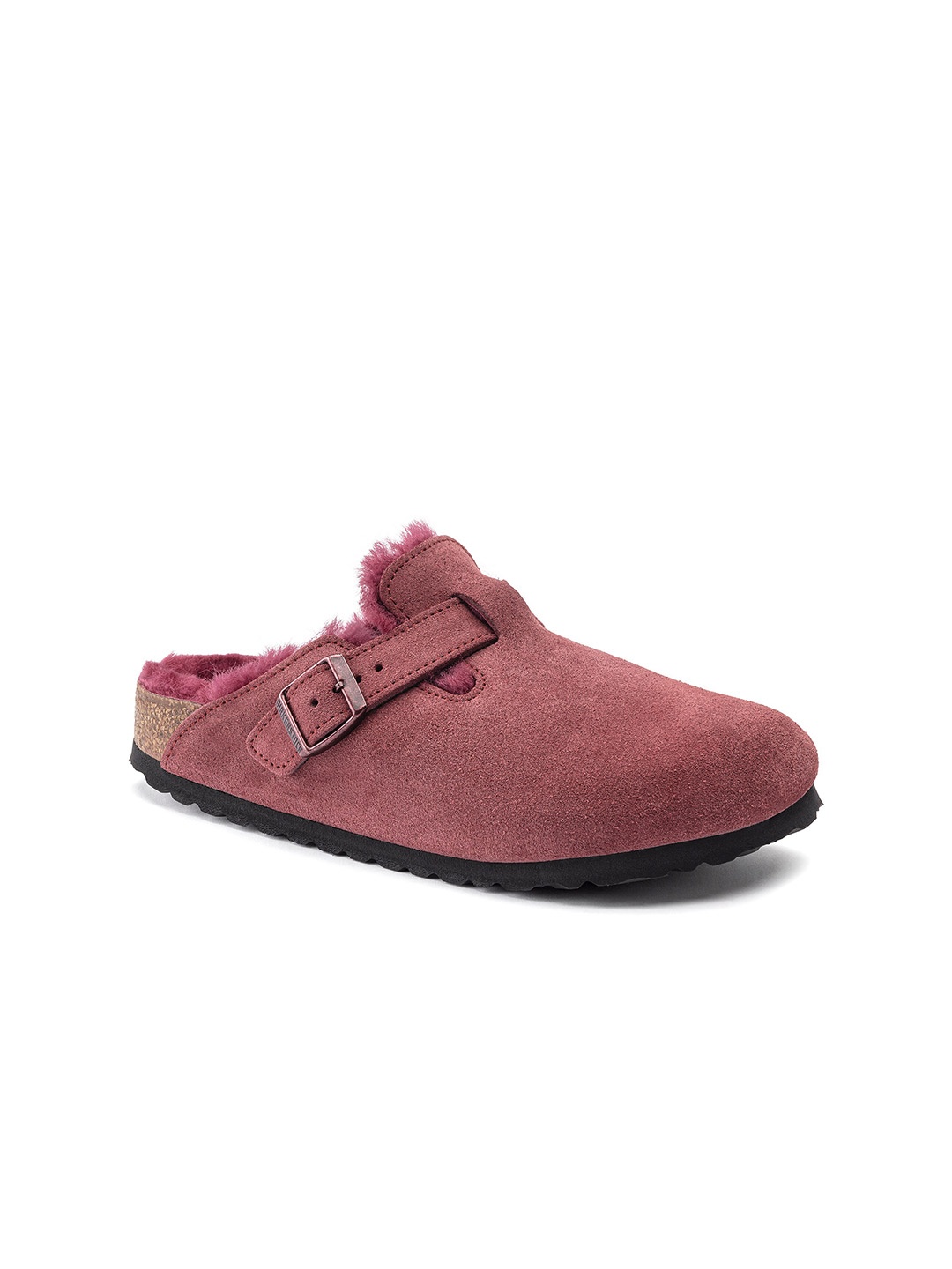 

Birkenstock Women Maroon Narrow Boston Shearling Suede Mules with Buckles