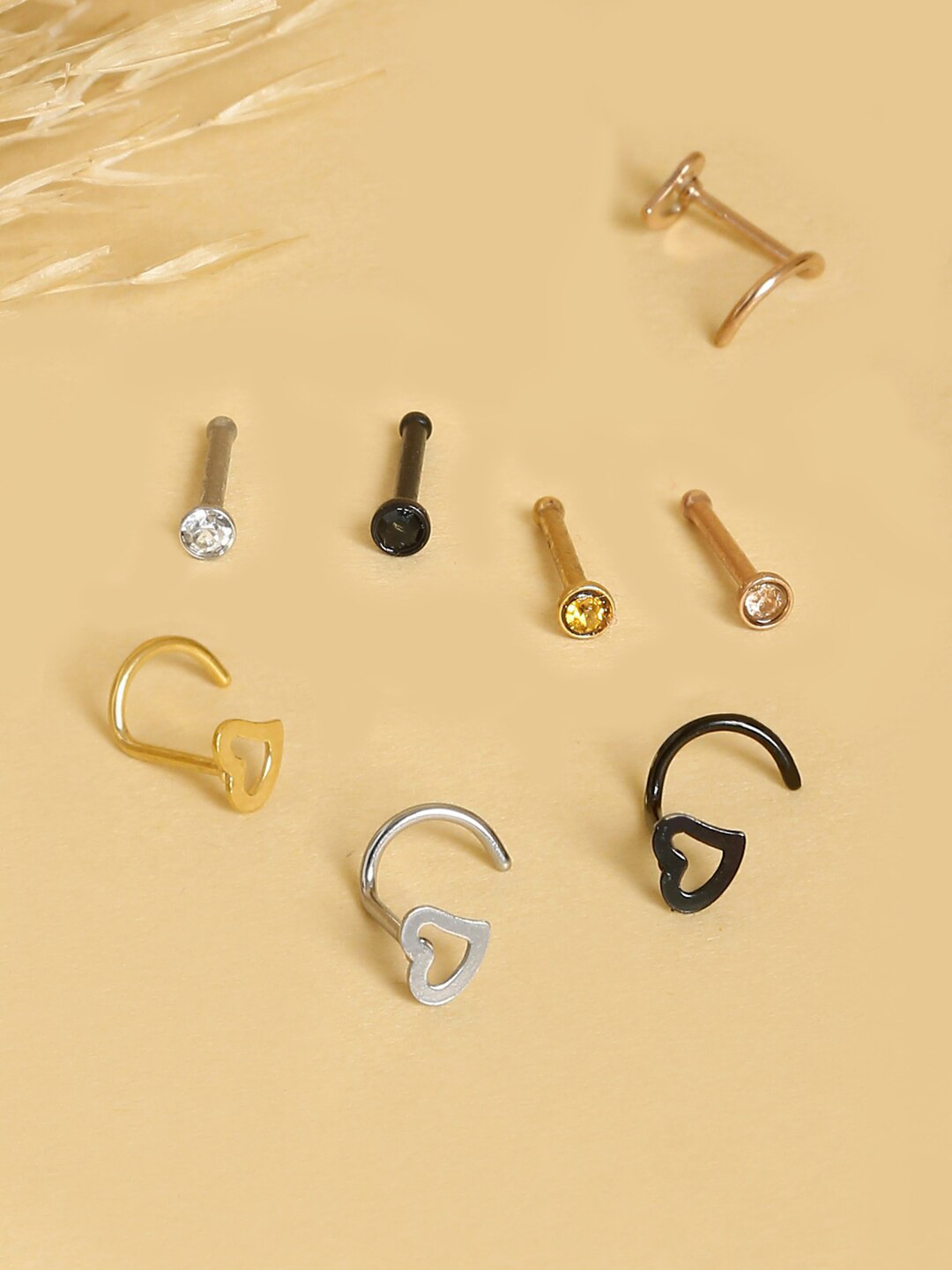 

Yellow Chimes Set Of 8 Silver-Toned & Gold-Toned Stainless Steel Septum & Stud Nosepins